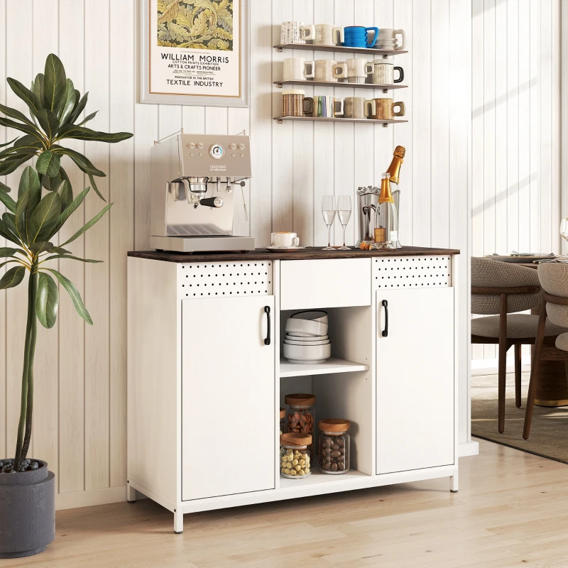 HOMCOM Aparador para Salón con 2 Puertas con Orificios Cajón Compartimentos Abiertos Estantes Ajustables 100x40x80 cm Blanco