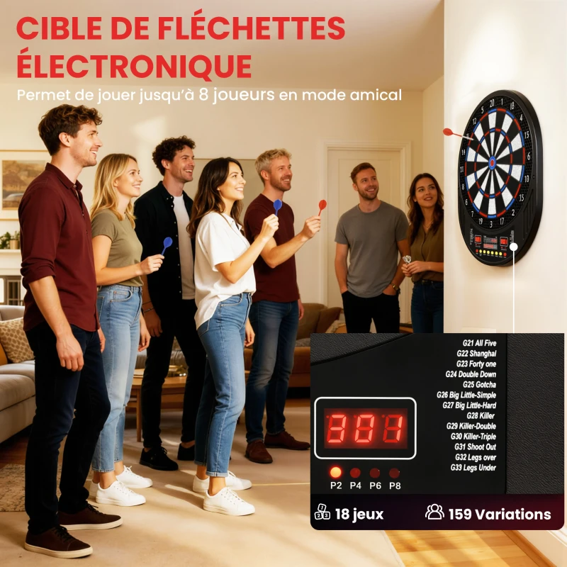 SPORTNOW Jeu de fléchettes électronique avec embouts souples, doubles écrans LED, 33 jeux, 202 variations, jusqu'à 8 joueurs
