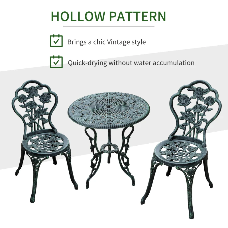 Outsunny 3-Piece Outdoor Garden Bistro Set, Cast Aluminium Antique Floral Print Coffee Table and Two Single Seat with Umbrella Hole, Green