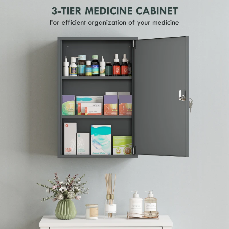 kleankin Wisząca szafka na leki, szafka łazienkowa z 3 półkami, 2 kluczami, 40 x 18 x 60 cm, szary