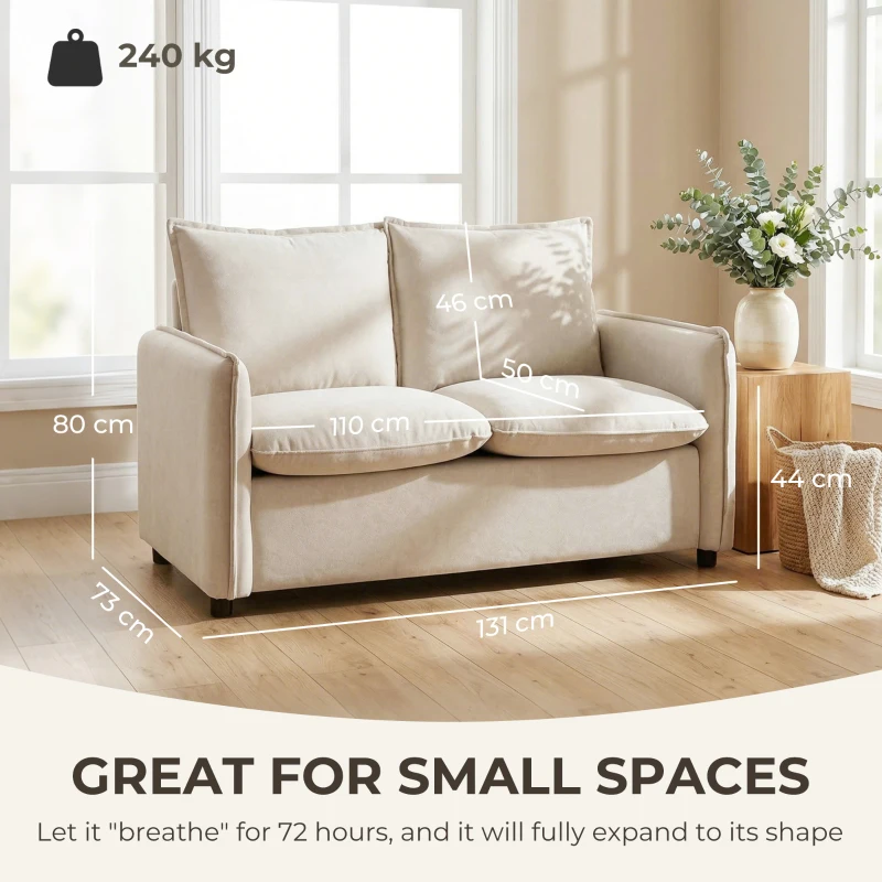 HOMCOM Sofá 2 Lugares Estofado em Tecido Efeito Pele Respirável, Acolchoamento Espesso, 2 Almofadas, Apoios de Braço, para Sala de Estar, Creme
