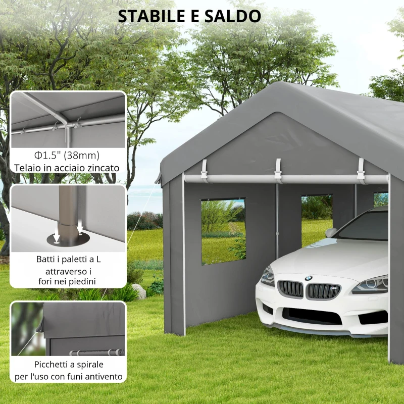 Outsunny Tenda per Auto 6L x 2,95l x 2,78H m in Acciaio Zincato e PE ad Alta Densità 160 g/m² con 2 Porte Avvolgibili e 6 Finestre, Grigio Chiaro