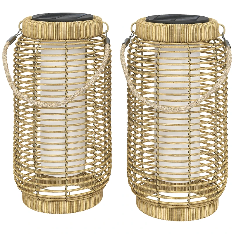 Outsunny Lot de 2 Lampadaire Extérieur Solaire en Résine Tressée Luminaire LED de Jardin en Acier Marche/Arrêt Automatique Sable