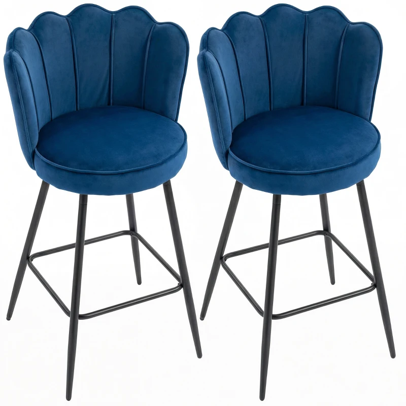 HOMCOM Set of Two Velvet-Feel Lotus Bar Stools - Dark Blue