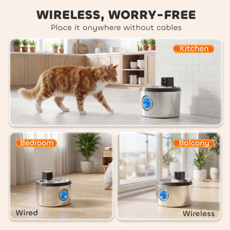 PawHut Kattenfontein 4L draadloos roestvrij staal drinkfontein met bewegingssensor 12 filters dubbel filtersysteem LED zilver