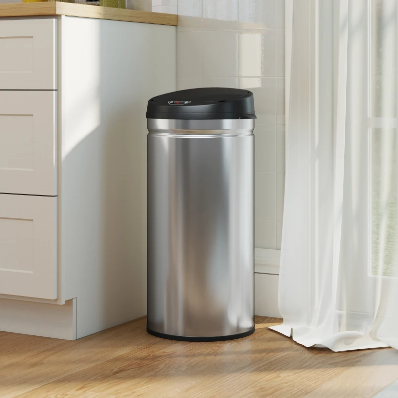 HOMCOM Poubelle cuisine automatique 42L acier inoxydable, poubelle à couvercle à fermeture en douceur, 30,5x30,5x68cm, argent