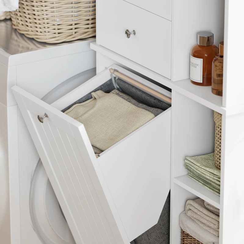 HOMCOM Armário de Casa de Banho Branco, Cesto de Roupa Inclinável, Gavetas