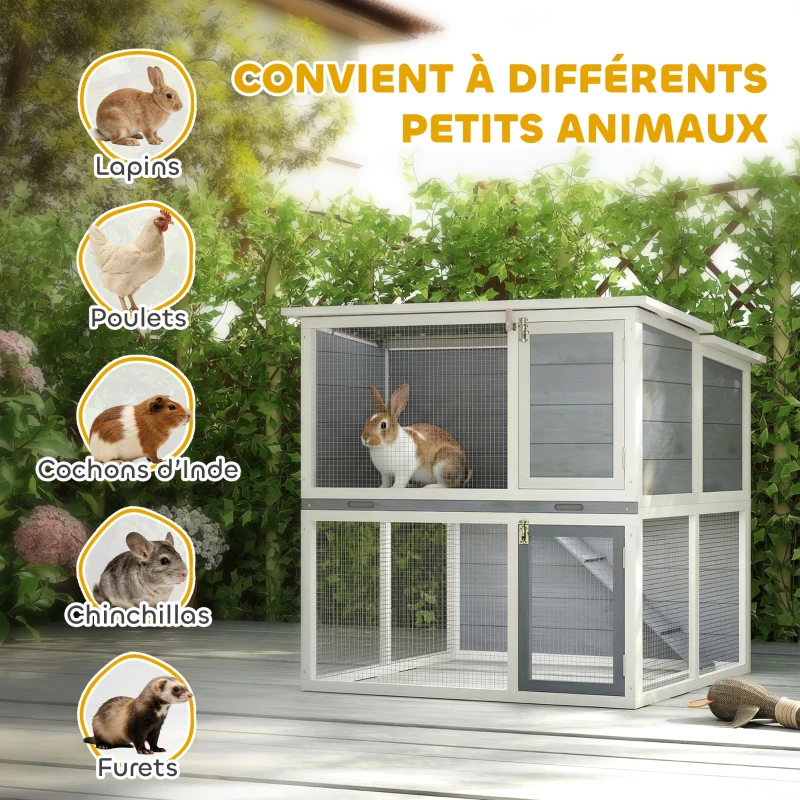 PawHut Clapier lapin extérieur cage à lapin 2 étages spacieux toit double ouverture plateau amovible 98x95x102,5cm gris