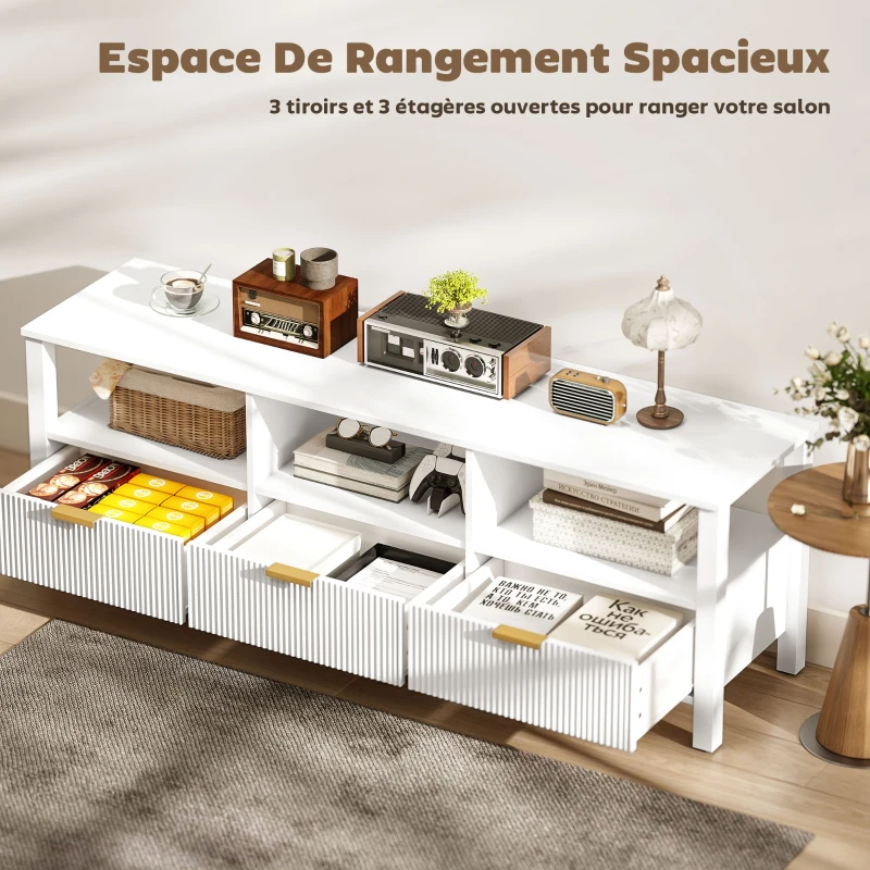 HOMCOM Meuble TV 152 cm, meuble télé pour téléviseur 65 pouces avec 3 tiroirs et 3 étagères ouvertes, 152x39,5x50cm, blanc