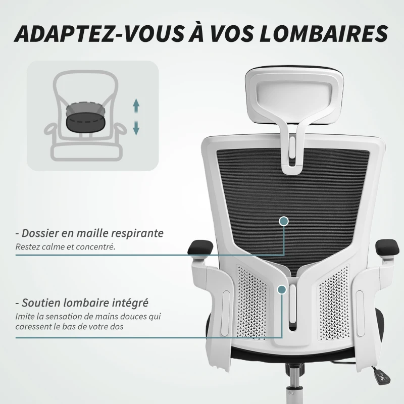 HOMCOM Chaise bureau ergonomique, fauteuil de bureau, accoudoirs relevables, soutien lombaire, appui-tête, 60x63x120cm, noir