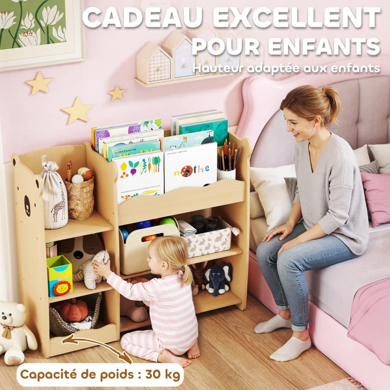 AIYAPLAY Meuble rangement enfant 3 niveaux, étagère de rangement pour jouets enfants avec étagères ouvertes, 92x29x79cm, naturel
