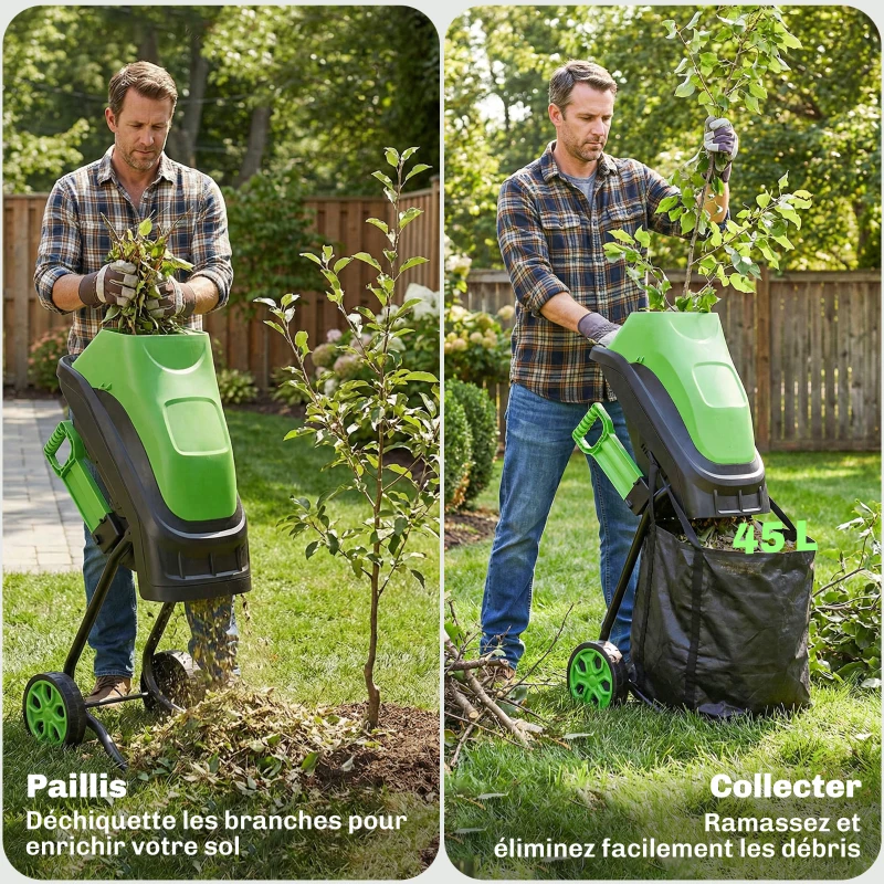 Outsunny Broyeur de Végétaux Électrique 2500 W, Broyeur de Branches avec Sac de Collecte 45L, 4300 tr/min, 44x34x96cm, Vert