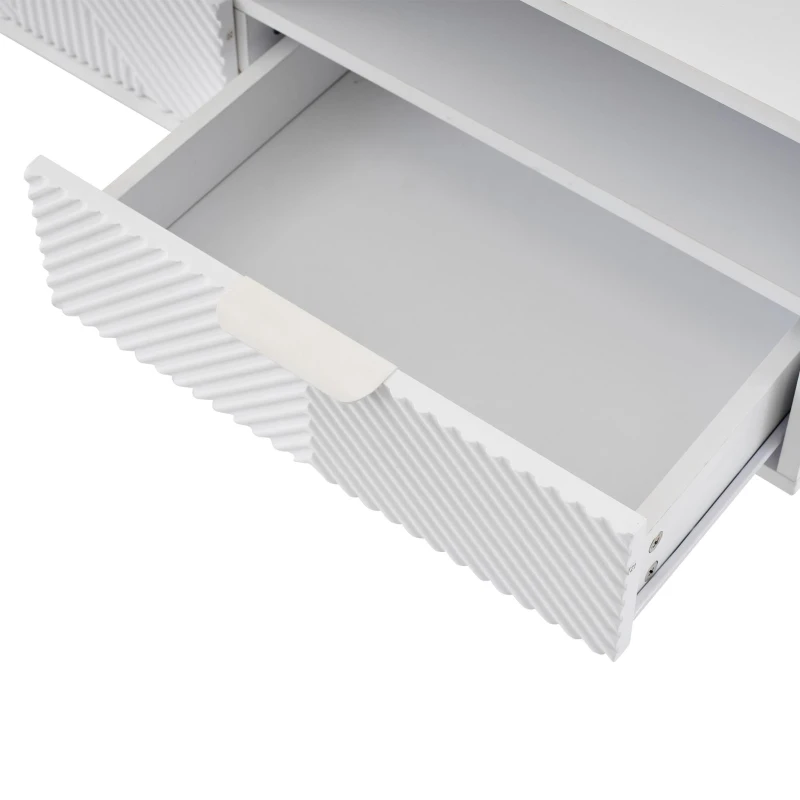 Mobile TV moderno con motivi a righe e ripiani aperti, in truciolato, 200x40x51 cm, Bianco