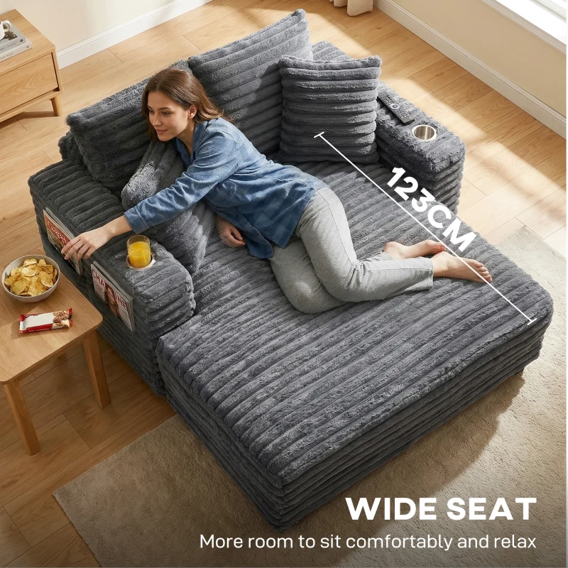 HOMCOM Szezlong 2-osobowy, sofa z funkcją spania 134 x 151 cm z uchwytami na napoje, do salonu, szara