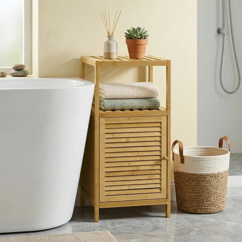 kleankin Estantería de Baño de Bambú Estantería de Almacenaje para Baño con 1 Puerta y Estante para Cocina 33x36,5x67 cm Natural