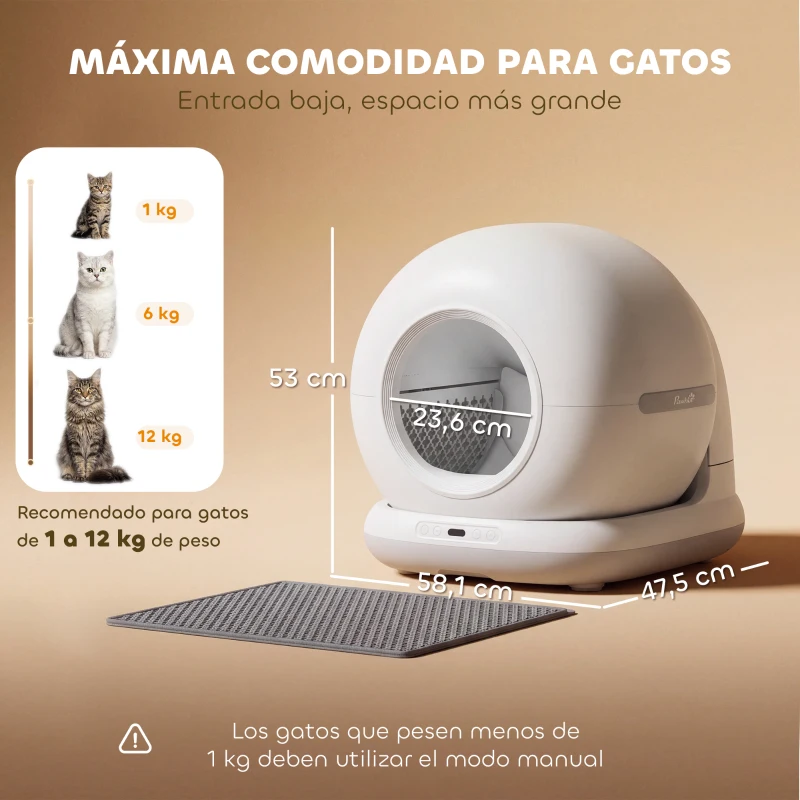 PawHut Arenero Gatos Autolimpiable 72L Extragrande Control por APP Control de Olores y Ruido Sensores de Seguridad Alfombrilla