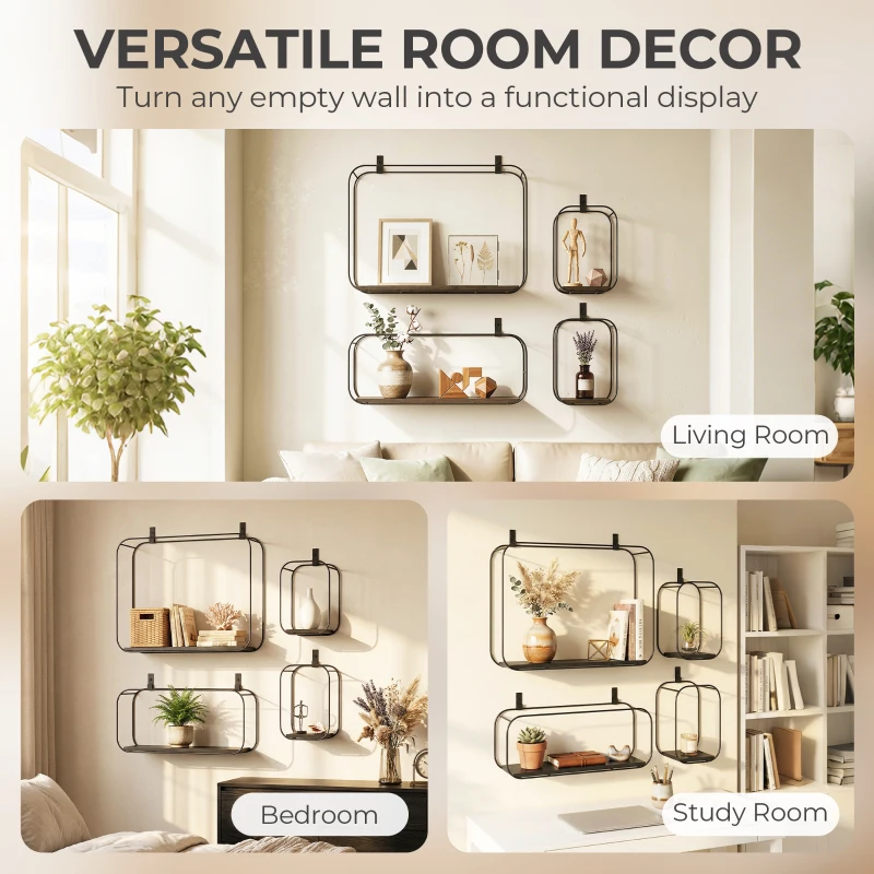 HOMCOM Lot de 4 étagères murales industrielles, étagères flottantes géométriques en métal, pour salon, chambre et bureau, noir