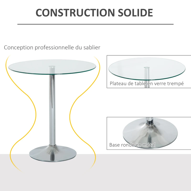 HOMCOM Table à manger ronde pour 2 personnes, table de cuisine moderne avec plateau en verre trempé et base en acier, argenté