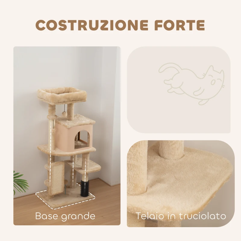 PawHut Albero per Gatti Multilivello Alto 104 cm con Casetta, Lettino, Pali Tiragraffi, Spazzola e Pallina, Beige
