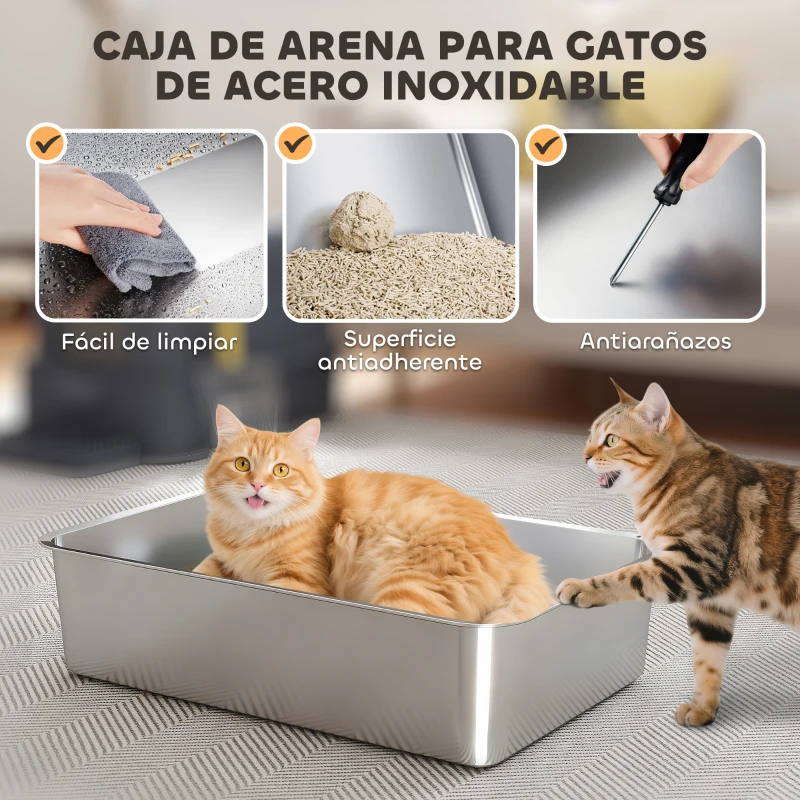 PawHut Arenero para Gatos de Acero Inoxidable XL con Tapa Abatible 180° Laterales Altos Pedal Pala Gris Oscuro