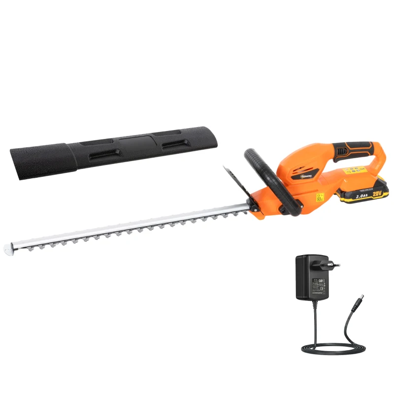Outsunny Cortador de Sebes a Bateria 18V com Bateria de 2000mAh Lâmina de Dupla Ação 51 cm Motor sem Escovas e Carregador Laranja