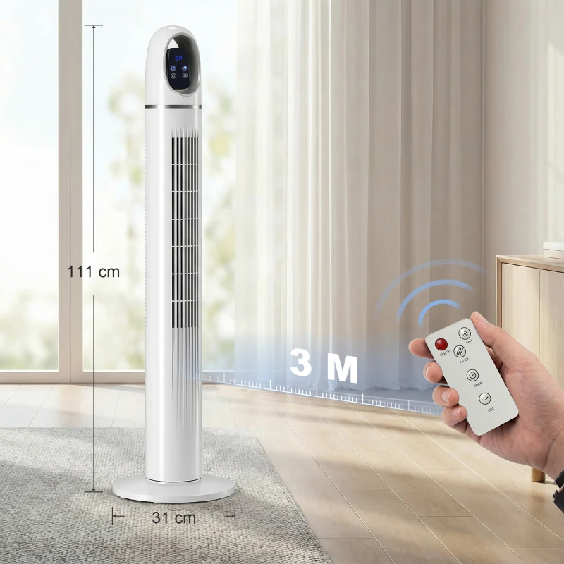 HOMCOM Ventilator Vertical pentru Dormitor, Ventilator Oscilant 70°, 4 Moduri, 3 Viteze, Timer 24 Ore, Display LED și Telecomandă, 110 cm, Alb