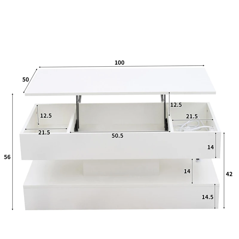 Tavolino da salotto moderno con illuminazione LED e spazio a scomparsa, 100x50x42 cm, Bianco