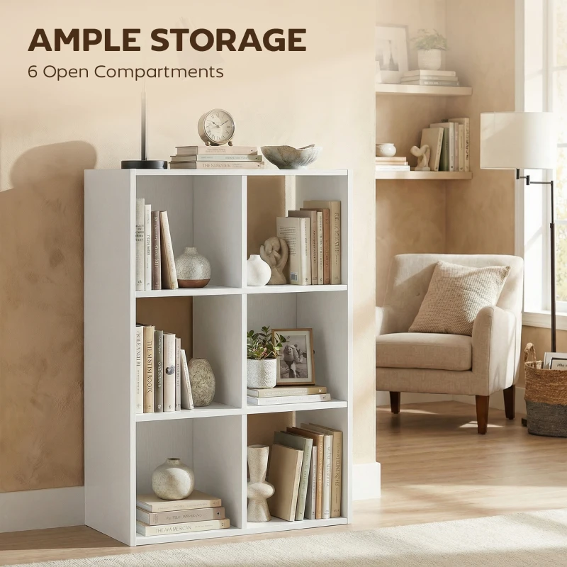 HOMCOM Industrial Style Storage Shelf, Bookcase, Bookshelf with 6 Compartments, for Living Room, Home Study, White Wood Effect