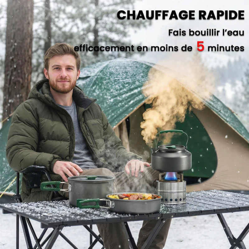 Outsunny Kit de Casseroles Camping en Aluminium 11 Pcs, avec Sac de Rangement et Poignées Anti-Brûlures, Ø19x10cm, Gris