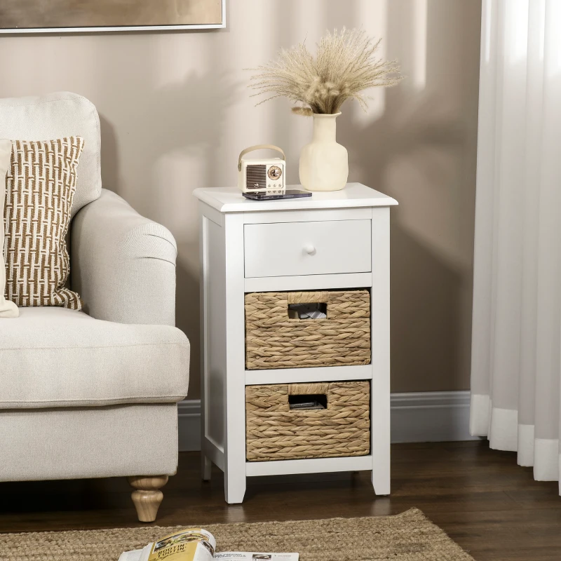 HOMCOM Table d'appoint, Bout de canapé, Chevet avec 1 tiroir et 2 paniers amovibles naturels effet rotin et MDF blanc