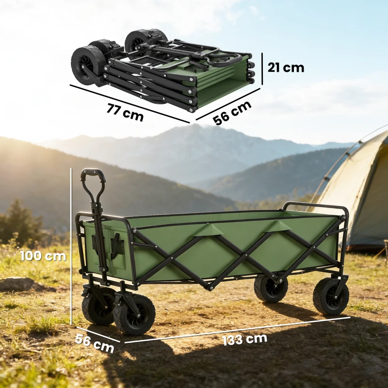 Outsunny Chariot de Jardin Pliable 130L avec Roues, Remorque Robuste avec Freins, Poignée Réglable, vert