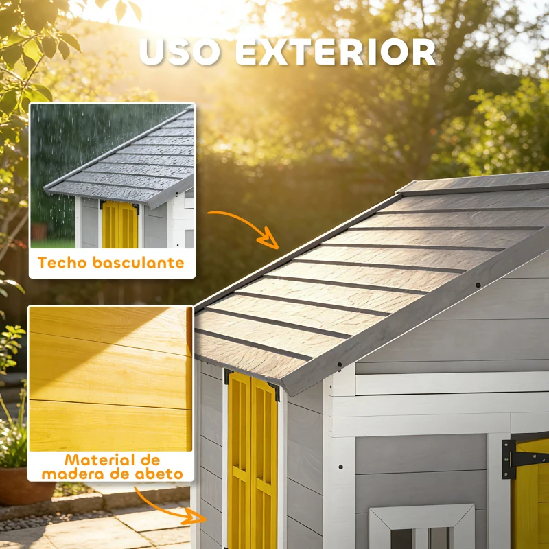 Outsunny Casita Infantil Exterior e Interior de Madera con Puerta Ventanas Jardineras y Soportes de Flores Gris