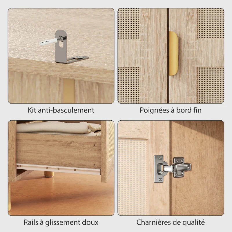 HOMCOM Armoire chambre penderie avec 2 portes en rotin, 2 tiroirs et barre de suspension, 63 x 47 x 185 cm, bois naturel