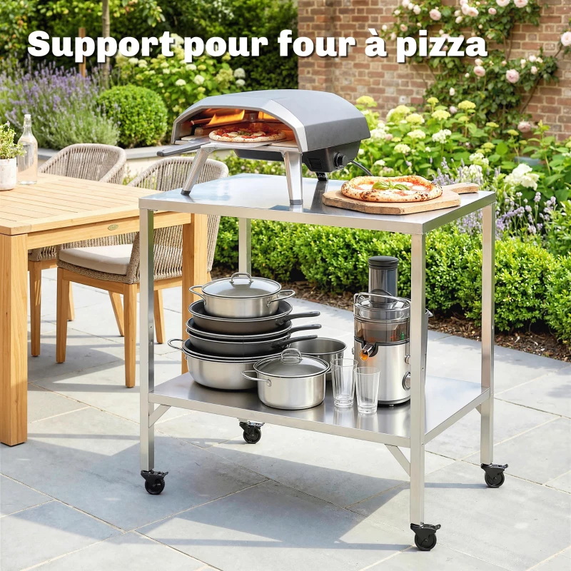 Outsunny Carrello barbecue in acciaio inox con piano lavoro e ruote, 85x60x92 cm