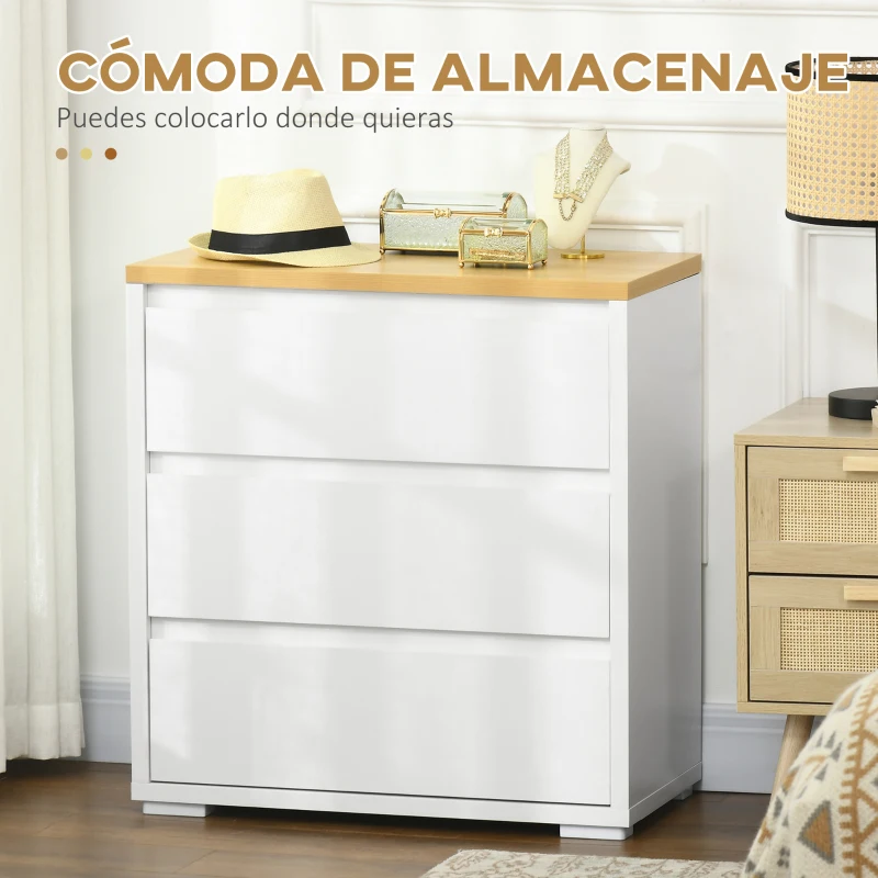 HOMCOM Cómoda con 3 Cajones Cómoda Dormitorio sin Tiradores Cajonera para Salón Oficina Estilo Moderno 70x37x75 cm Blanco