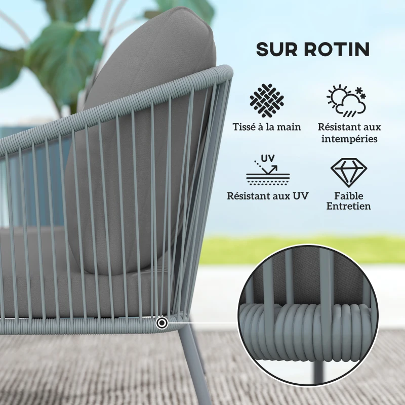 Outsunny Canapé de jardin 2 places en résine tressée avec coussins canapé d'extérieur accoudoirs cadre en acier 112x72x76cm gris