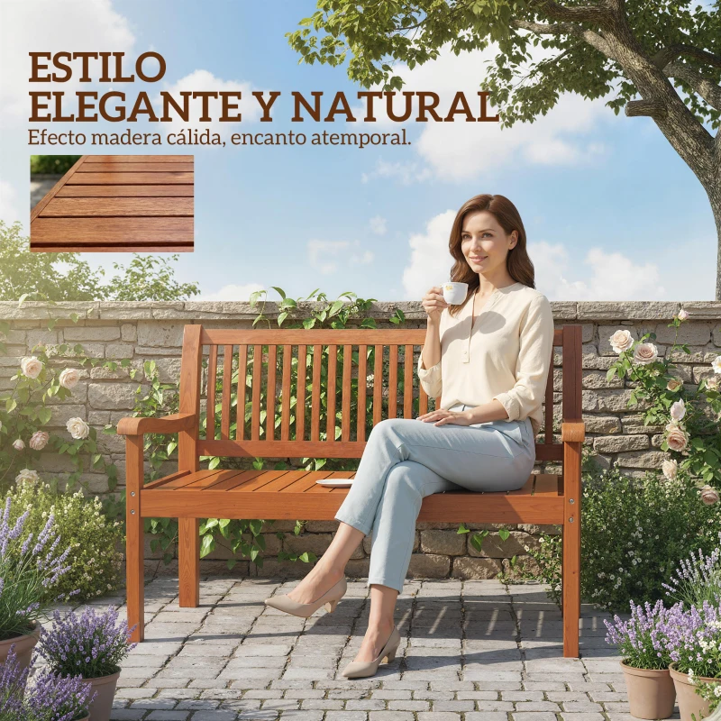 Outsunny Banco de Jardín Madera Banco de Exterior 2 Plazas con Funda Impermeable Respaldo Ergonómico 125x62x90 cm Marrón Claro