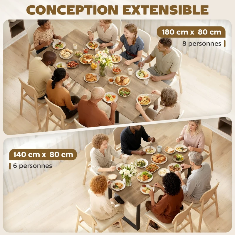 HOMCOM Table à manger extensible rectangle pour 6 à 8 personnes, table de cuisine avec rallonge 140-180 cm, effet bois naturel
