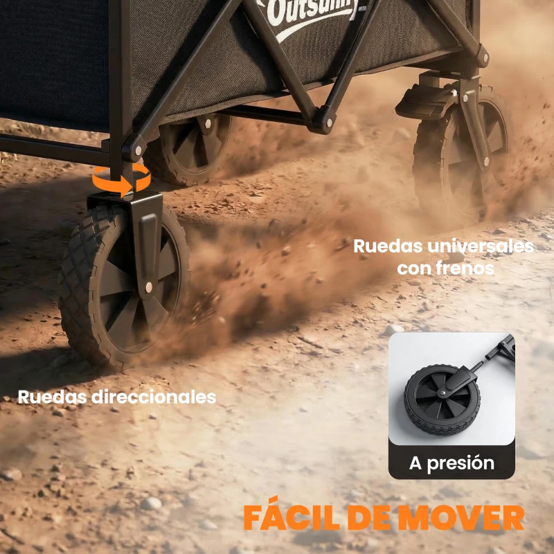 Outsunny Carro de Jardín Plegable con Ruedas Bloqueables Mango Ajustable Portavasos Carga 80 kg para Campaña 85x50x99 cm Negro