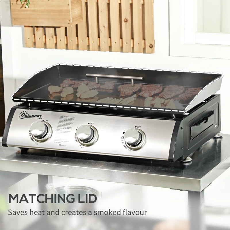 Outsunny Grill gazowy z pokrywą, 3 palniki, tłuszcz zatrzymywany w tacy, płyta z powłoką nieprzywierającą, 63x47x25 cm, Czarny/Srebrny