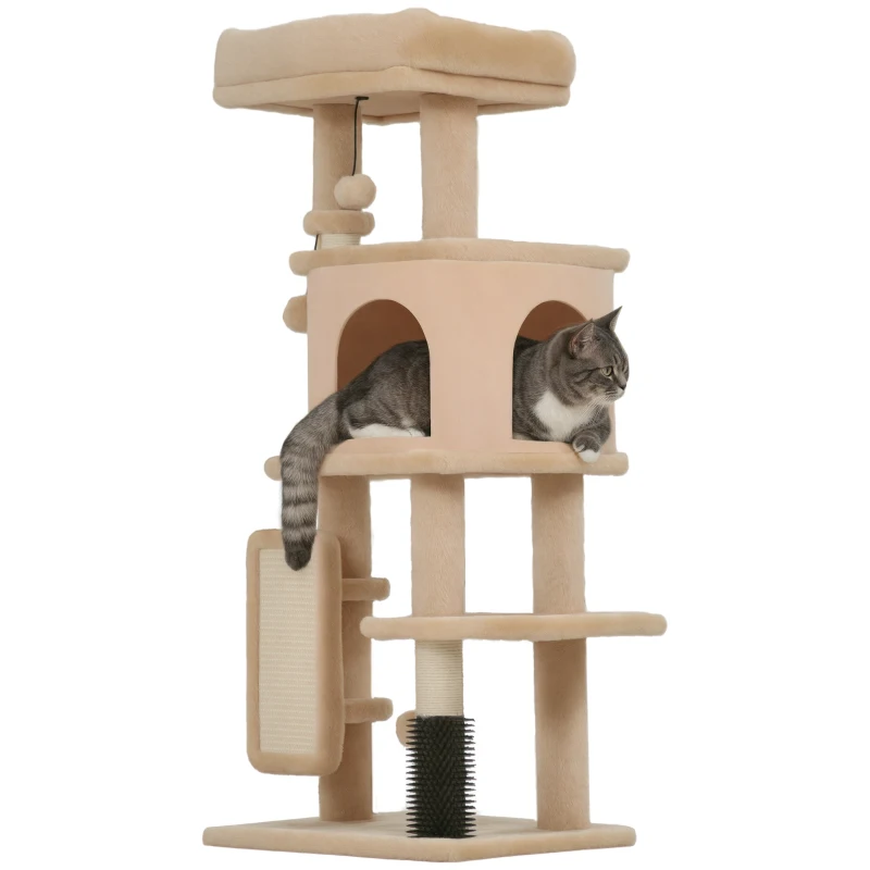 PawHut Albero per Gatti Multilivello Alto 104 cm con Casetta, Lettino, Pali Tiragraffi, Spazzola e Pallina, Beige