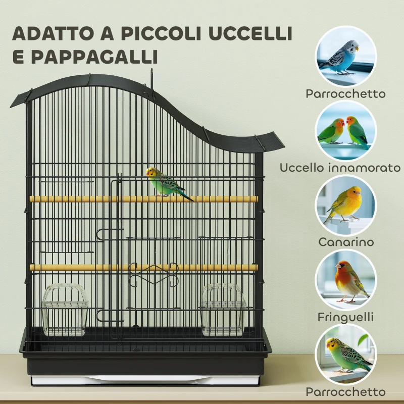 PawHut Gabbia per Uccelli a 4 Porte con 2 Ciotole, 2 Posatoi e Vassoio, in Metallo e Plastica, 47.5x36x54.5 cm, Nero