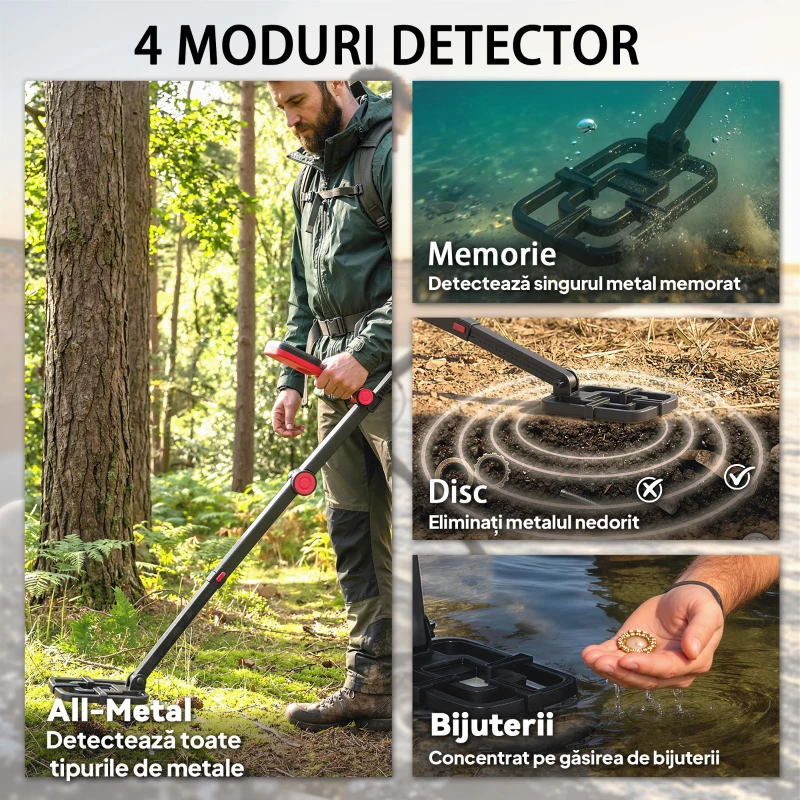 Outsunny Detector de Metale Pliabil pentru Adulți, Detector de Metale Aur Impermeabil IP68 cu Bobină, Display LCD, 4 Moduri, Geantă, Lopată, Căști, Tijă Telescopică Reglabilă, pentru Plajă și Grădină
