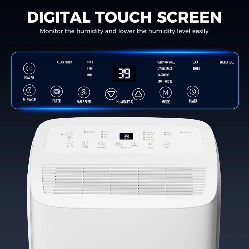 HOMCOM 30L/Day Dehumidifier with Auto-Clean Filter, Continuous Drainage, 4L Water Tank, 24H Timer, Digital Humidity Display, Dehumidifier for Home Damp, Bedroom, Condensation, Mould, Laundry Drying