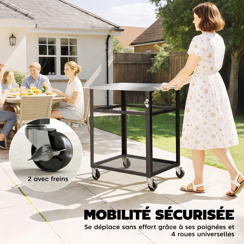 Outsunny Desserte jardin chariot de barbecue sur roulettes plateau en acier inoxydable étagère crochets, 82 x 55 x 79 cm, noir