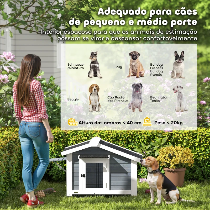 PawHut Casota para Cães de Exterior em Madeira Casa para Cães Médios com Teto de Asfalto Chão Removível 98x76x69,5 cm Cinzento