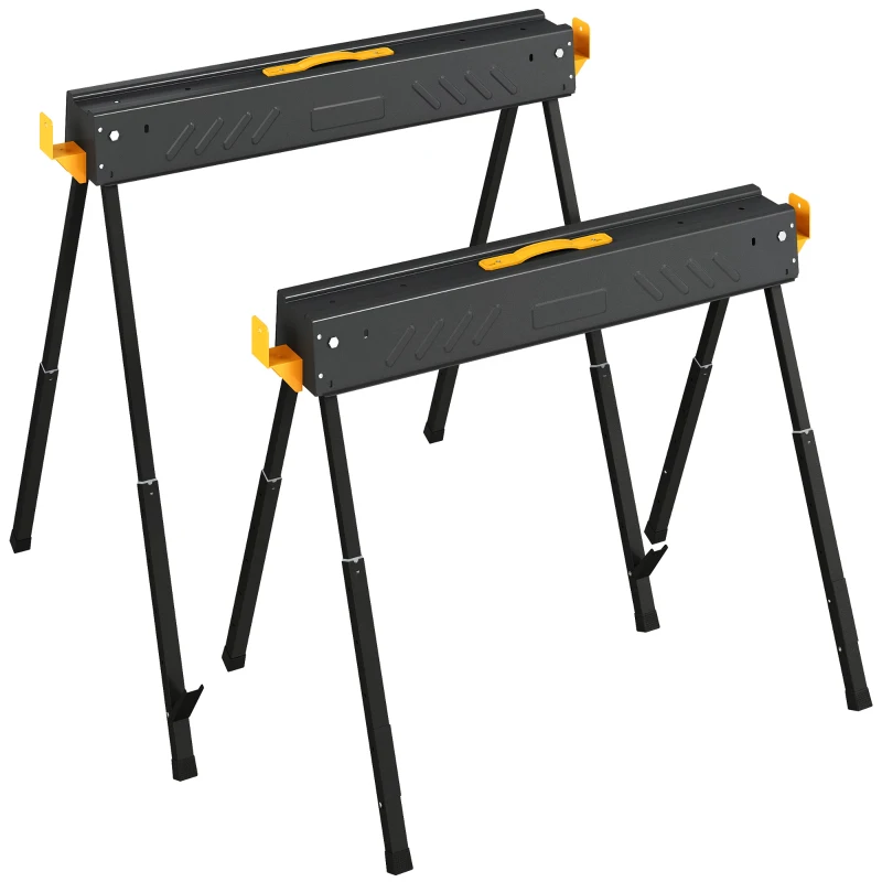 HOMCOM Set de 2 Caballetes para Sierra Plegables Altura Ajustable para Madera 2x4 con Asa Ganchos Soporta hasta 500 kg Negro