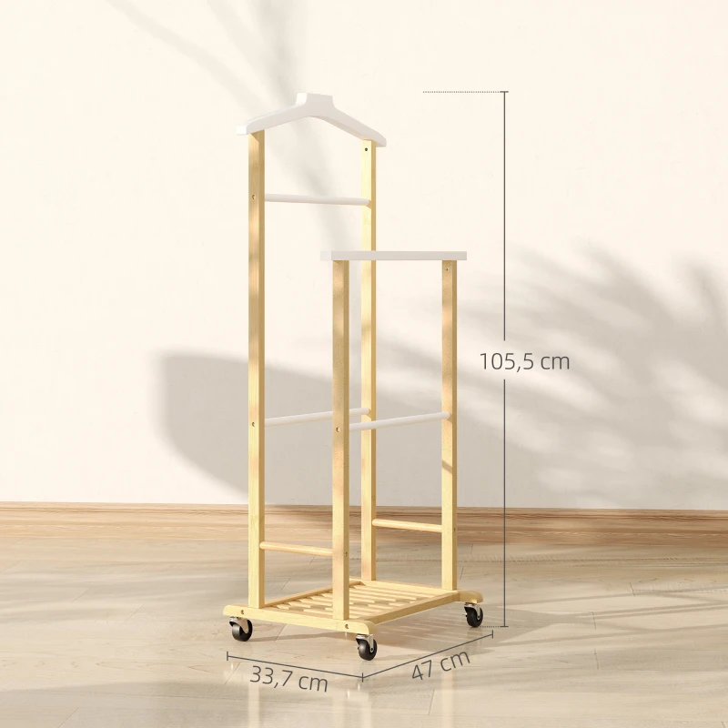 HOMCOM Galán de Noche Bambú con Ruedas Percha Superior Barras para Pantalones y Balda Inferior para zapatos Natural y Blanco