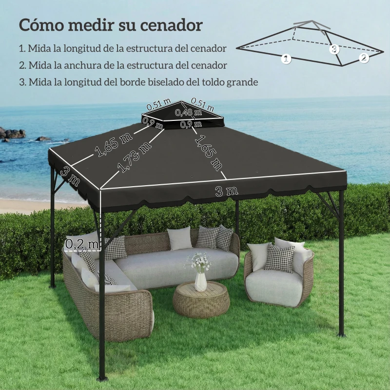 Outsunny Toldo de Recambio 3x3 m con Techo Doble Orificios de Drenaje y UPF 30+ Solo Toldo NO Incluye Marco Gris Claro