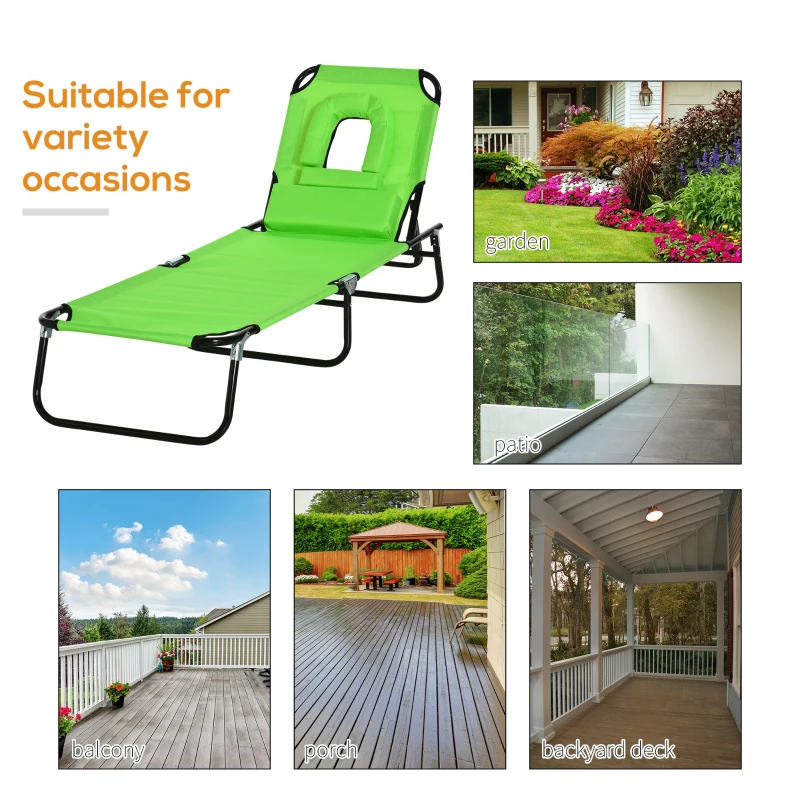 Outsunny Leżak słoneczny z otworem na twarz i poduszkami, składany, wodoodporne pokrycie, metalowa rama, zielony